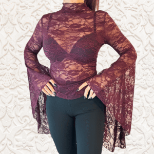 Maglia gotica da donna in pizzo bordeaux con maniche ampie
