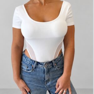 Body con inserti in tulle e schiena intrecciata